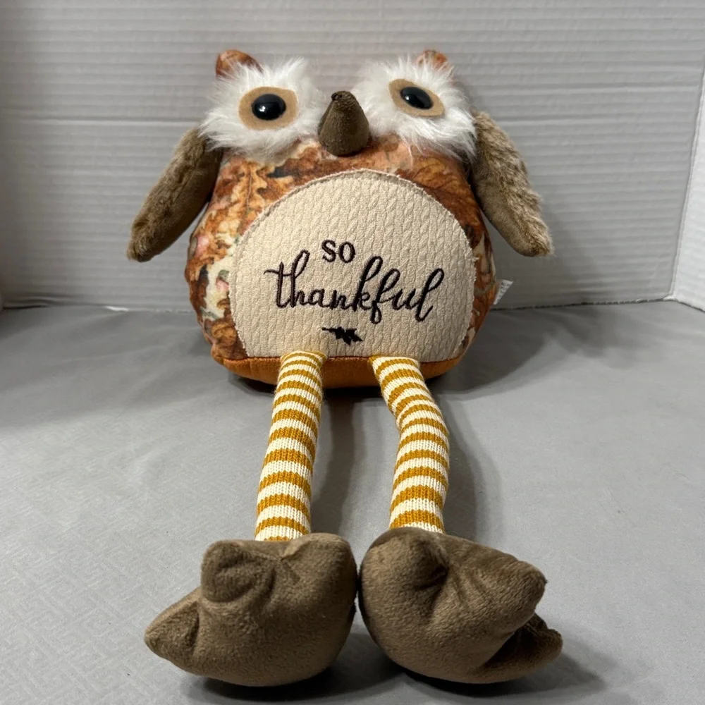 So Thankful Owl Plush Shelf Sitter with Striped Legs Big Eyes Furry Fall Colors